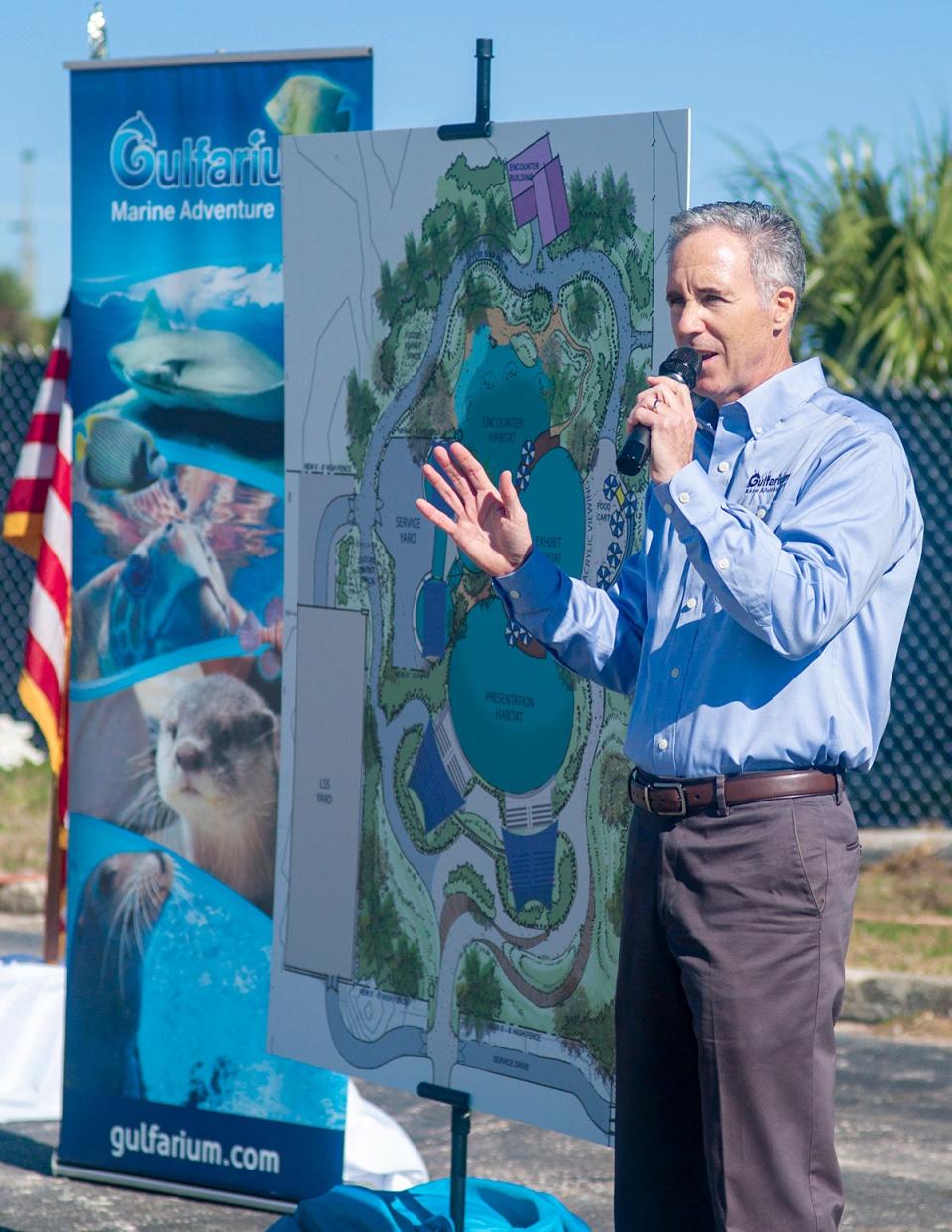 Gulfarium Marine Adventure Park Senior Vice President Patrick Berry explains the vision behind the future Dolphin Oasis feature at the Gulfarium Marine Adventure Park on Okaloosa Island. The oasis will expand the dolphin interactive areas, introduce a few new water features and integrate with existing attractions, as well as the Gulfarium's rehabilitation and conservancy missions.