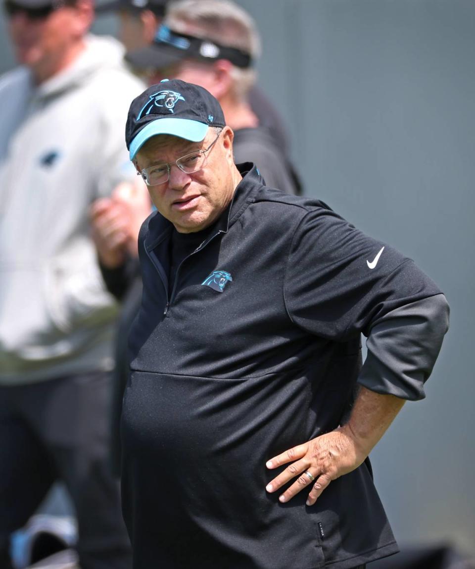 Carolina Panthers team owner David Tepper watches players run through drills during the voluntary minicamp practice on Wednesday, April 24, 2024.