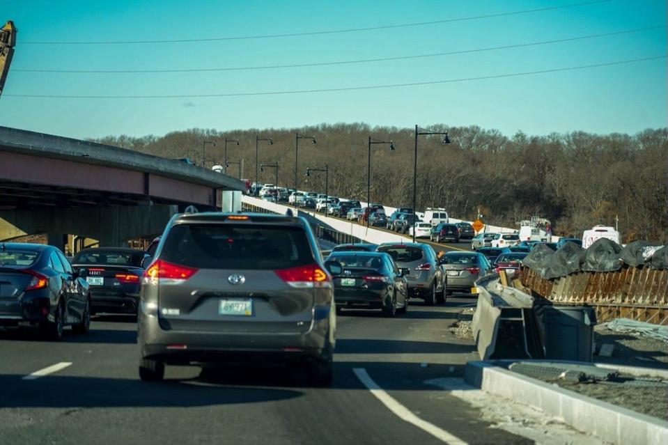 Traffic is backed up on the Henderson Bridge last month as drivers work their way through the new rotary while detouring around I-195's Washington Bridge westbound lane shutdown