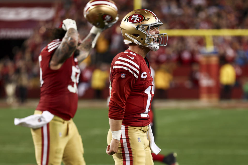 SANTA CLARA, CA - JANUARY 28: Brock Purdy #13 of the San Francisco 49ers celebrates after defeating the Detroit Lions in the NFC Championship NFL football game at Levi's Stadium on January 28, 2024 in Santa Clara, California. (Photo by Kevin Sabitus/Getty Images)