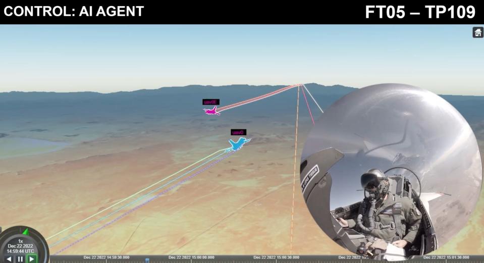 A screenshot from video footage of the real-world test of a dogfight between an AI-controlled fighter and a manned fighter.