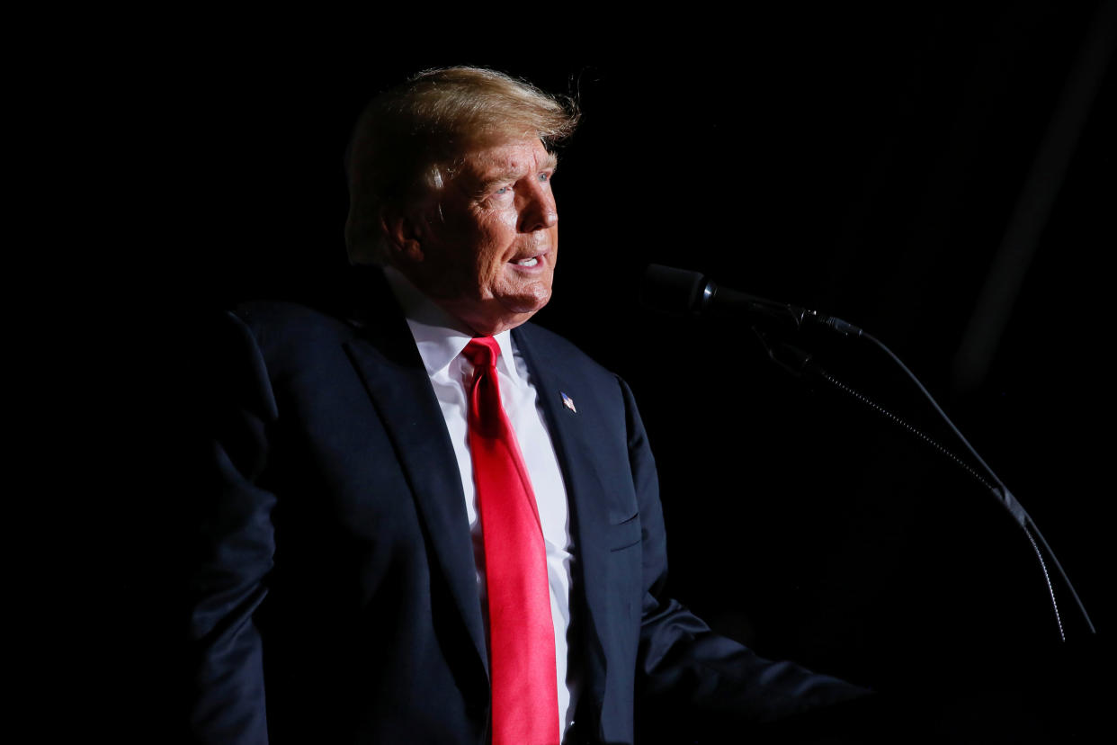 Former President Donald Trump speaks during a rally in Des Moines, Iowa, on Oct. 9, 2021. (Rachel Mummey / Reuters)