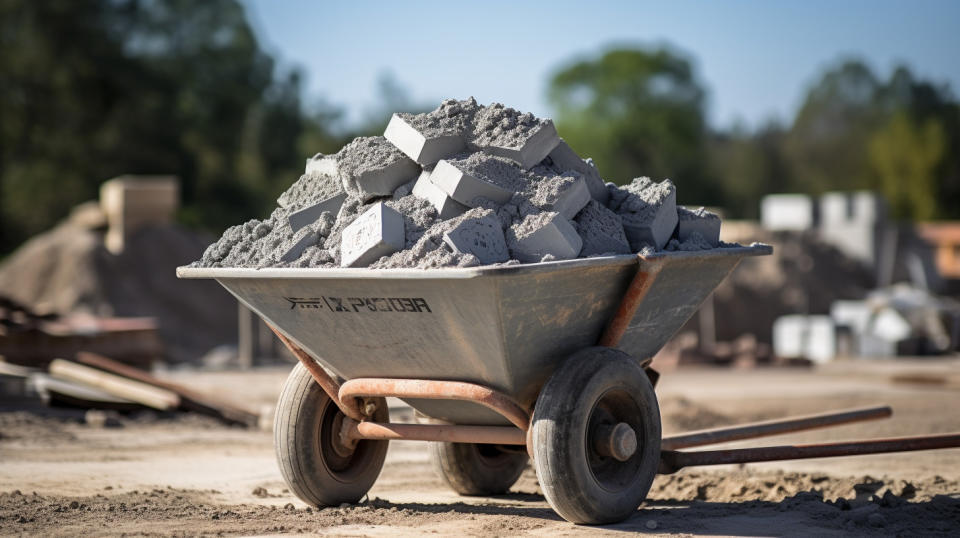 A pile of cement on the top of the wheelbarrow in construction site.