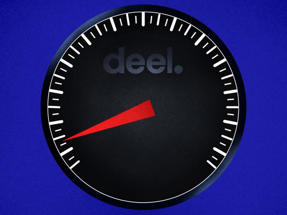 An illustration of a black speedometer with the Deel logo in the center. The needle on the speedometer is animated to move quickly to maximum, causing the speedometer to crack.