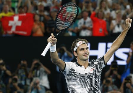 Tennis - Australian Open - Melbourne Park, Melbourne, Australia - 22/1/17 Switzerland's Roger Federer celebrates winning his Men's singles fourth round match against Japan's Kei Nishikori. REUTERS/Edgar Su