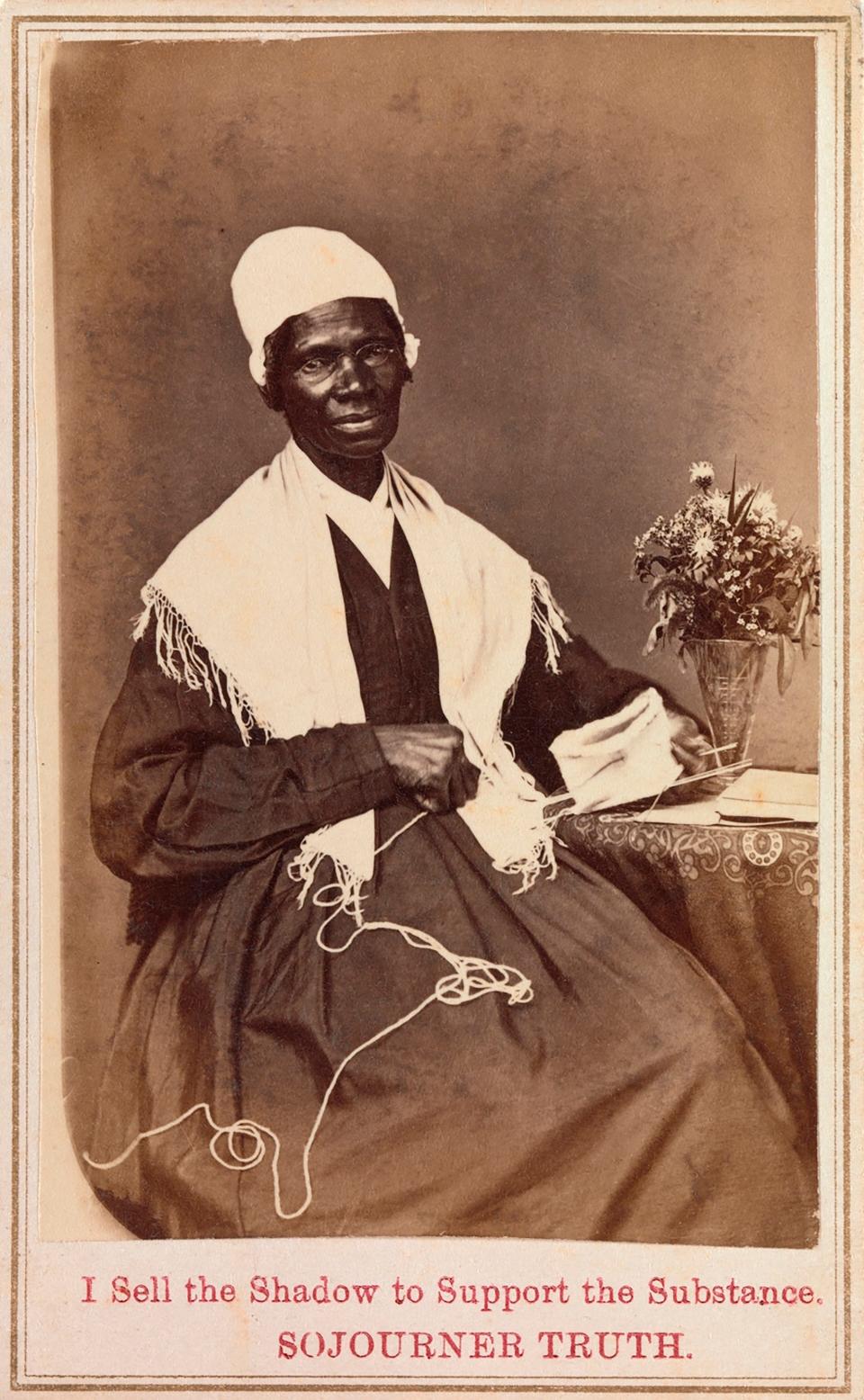 Born Isabella Baumfree to a family of slaves in Ulster County, New York, the sixty-seven year old abolitionist, Sojourner Truth, pauses from her knitting and looks at the camera in this 1864 photograph.
