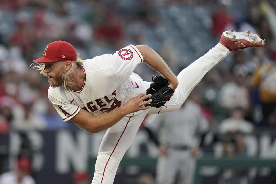 Los Angeles Angels starting pitcher Noah Syndergaard throws against the Chicago White Sox during the fourth inning of a baseball game Monday, June 27, 2022, in Anaheim, Calif. (AP Photo/Jae C. Hong)