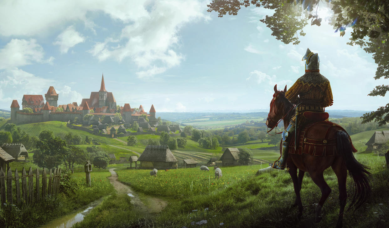  A knight on horseback looking at a city in the distance. 