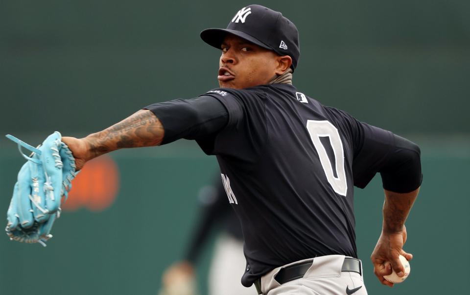 Mar 2, 2024; Sarasota, Florida, USA; New York Yankees starting pitcher Marcus Stroman (0) throws a pitch during the first inning against the Baltimore Orioles at Ed Smith Stadium. Mandatory Credit: Kim Klement Neitzel-USA TODAY Sports