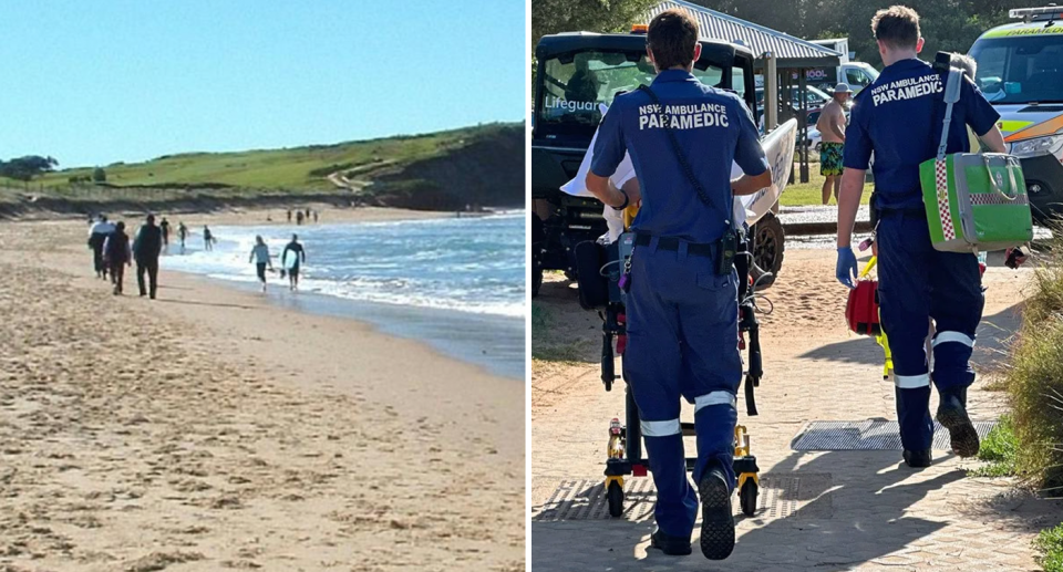 The beach where the incident occurred (left) and paramedics on the scene (right). 