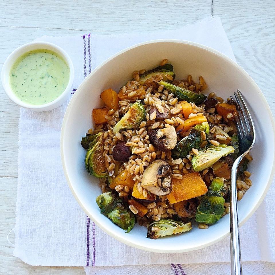 <p>The tahini sauce is to DIE for.</p><p>Get the recipe from <a href="https://www.delish.com/cooking/recipe-ideas/recipes/a44291/roasted-fall-veggie-bowl-recipe/" rel="nofollow noopener" target="_blank" data-ylk="slk:Delish;elm:context_link;itc:0;sec:content-canvas" class="link ">Delish</a>.</p>