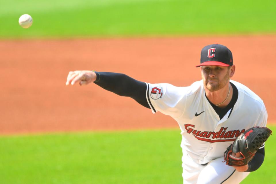 Cleveland Guardians starting pitcher Ben Lively (39) delivers a pitch against the Toronto Blue Jays on June 22 in Cleveland.