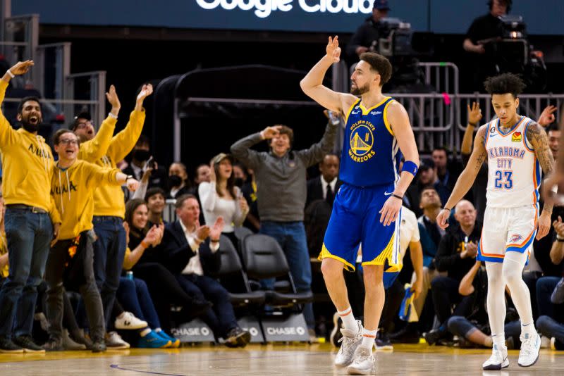 ▲金州勇士明星射手Klay Thompson單場投進12顆三分球、砍下42分。（圖／美聯社／達志影像）