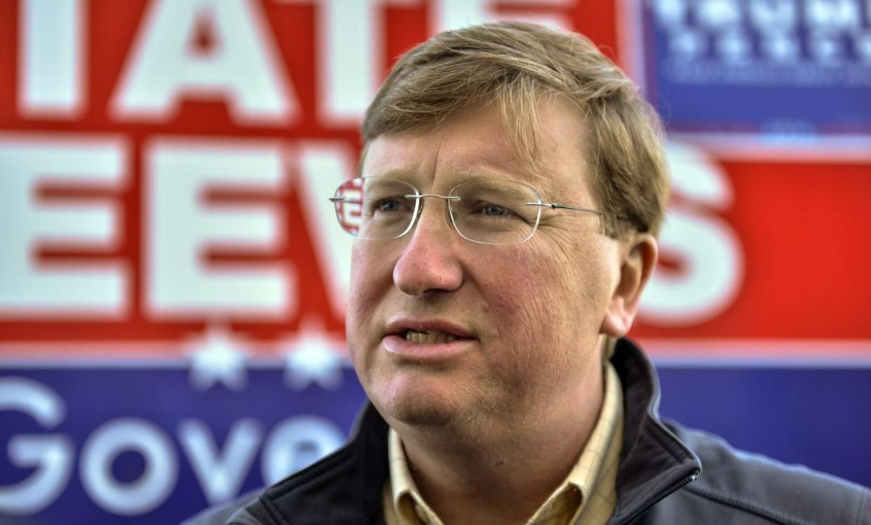 Mississippi Lieutenant Governor and Republican Gubernatorial candidate Tate Reeves speaks to reporters before appearing with President Donald Trump at a “Keep America Great” campaign rally at BancorpSouth Arena on November 1, 2019 in Tupelo, Mississippi. (Photo by Brandon Dill/Getty Images)