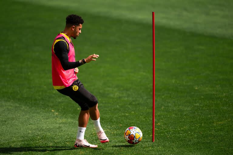 El inglés Jadon Sancho, durante un entrenamiento de Borussia Dortmund para la final de la Champions League, que le pondrá enfrenta a Real Madrid en Wembley.