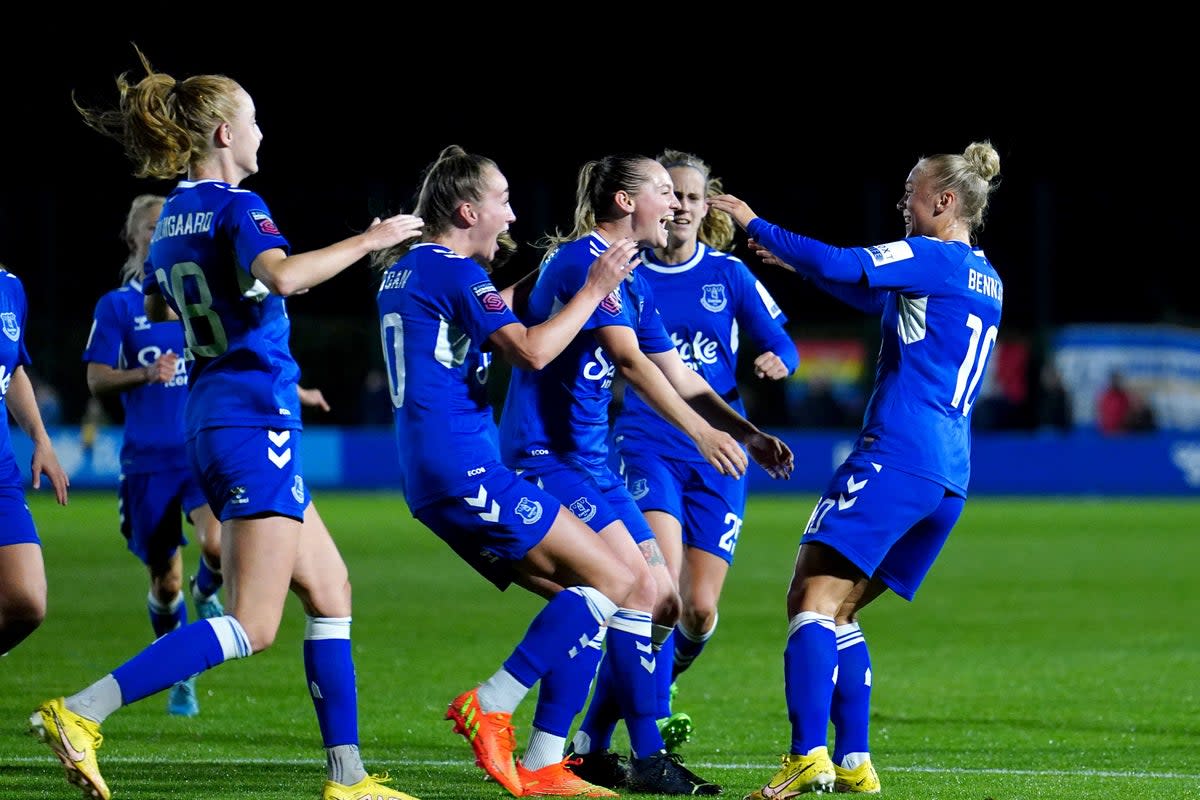 Everton’s Hanna Bennison (right) celebrates with team-mates after the late decider (Martin Rickett/PA). (PA Wire)