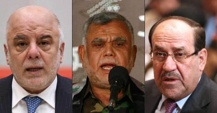 The vote will pit Iraq's Prime Minister Haider al-Abadi (L) against Hadi al-Amiri (C), head of the Hashed al-Shaabi paramilitary coalition, and former premier Nuri al-Maliki (R) (AFP Photo/Kazuhiro NOGI, HAIDAR HAMDANI, HADI MIZBAN)
