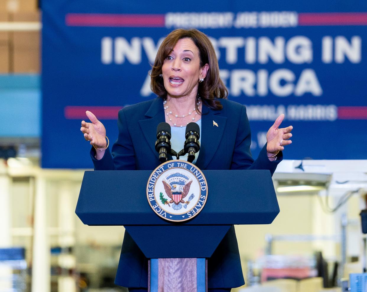 Vice President Kamala Harris visits Sanmina Corporation where she spoke on the Biden-Harris Administration’s efforts to invest in high-speed internet, boost domestic manufacturing, and create jobs on Thursday August 3, 2023 in Pleasant Prairie, Wis.