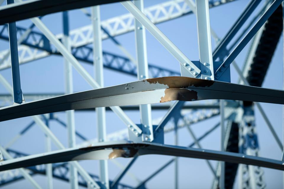 Bent beams are pictured on the truss bridge that leads vehicles over Pigeon Creek on southbound U.S. 41, north of Diamond Avenue, following a single-truck accident in Evansville, Tuesday afternoon, Jan. 21, 2020. A truck hauling an oversized load caused structural damage to the bridge causing all southbound traffic to be diverted to the North Fares Avenue exit. 