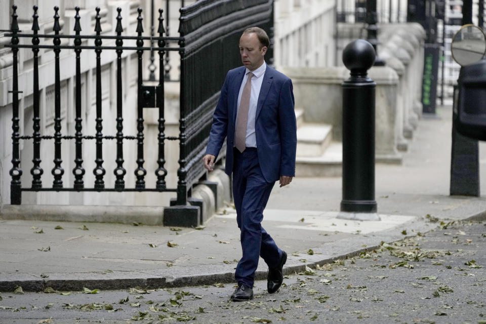 Britain's Health Secretary Matt Hancock walks to go into 10 Downing Street, in London, Monday, June 7, 2021. Hancock said Sunday the delta variant, which is fast becoming the dominant coronavirus variant in the U.K., is 40% more transmissible compared to the country's existing strains. (AP Photo/Matt Dunham)