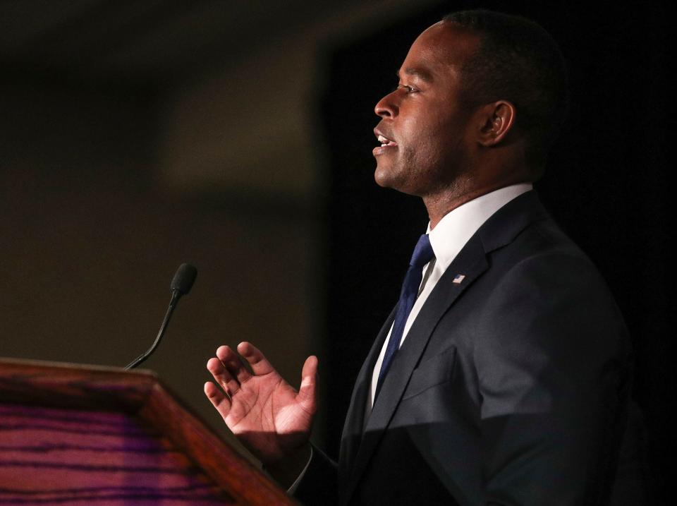 Kentucky attorney general Daniel Cameron speaking to supporters May 16, 2023 at the Galt House Hotel in Louisville, Ky. after he won the 2023 Kentucky Republican primary nomination for governor. He faces Democrat incumbent Gov. Andy Beshear in November. 