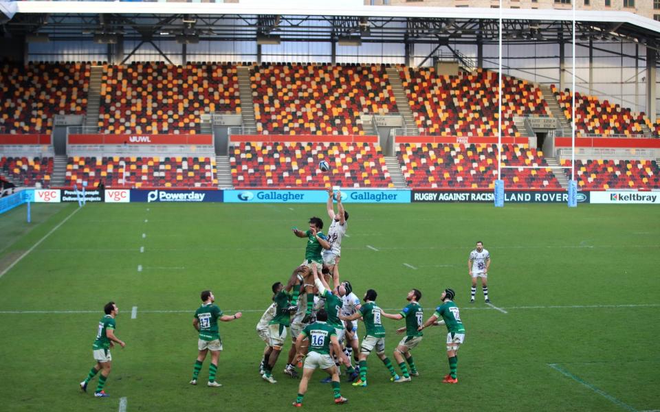  A general view of play during the Gallagher Premiership match at the Brentford Community Stadium, London. Picture date: Sunday February 21, 2021. PA Photo. See PA story RUGBYU London Irish. Photo credit should read: Adam Davy/PA Wire - PA