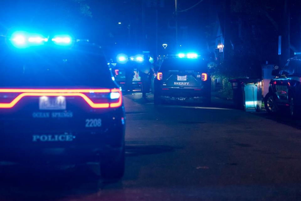 Police cars line Despot Street after a shooting at The Scratch Kitchen restaurant in Ocean Springs left 1 dead and several injured on Friday, May 5, 2023. Hannah Ruhoff/Sun Herald