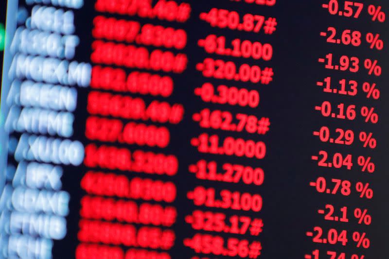 FILE PHOTO: Global indices are displayed on a screen on the trading floor at the New York Stock Exchange (NYSE) in Manhattan, New York City