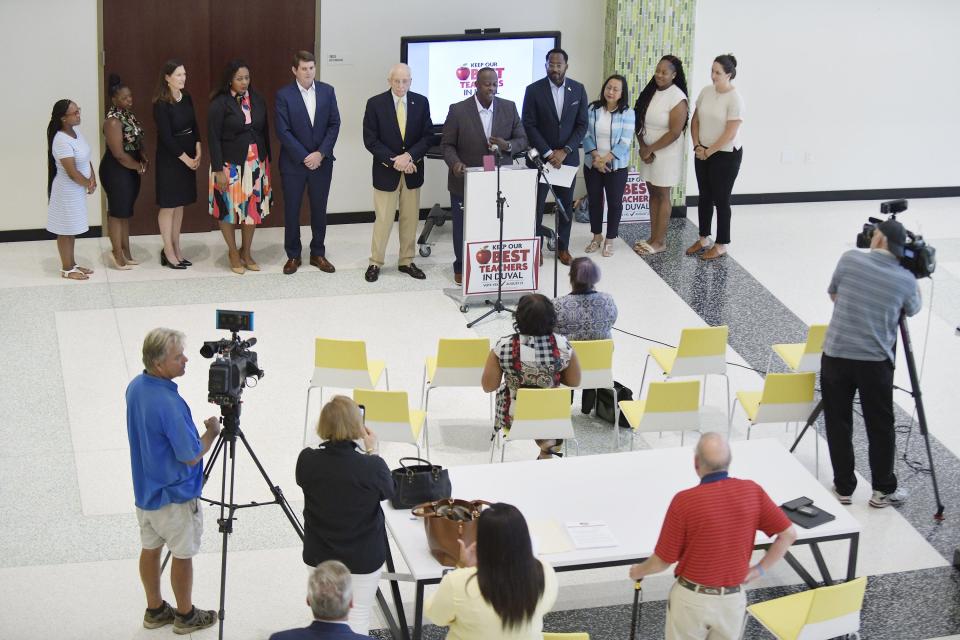 Local teachers and education advocates backing the 1 Mill for Teachers campaign to increase the millage rate on on Duval County homeowners held a press conference at the Jessie Ball DuPont Fund headquarters building in downtown Jacksonville.