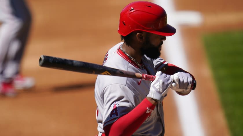 Los Angeles Angels center fielder Jo Adell (59) in the second inning of a baseball game Sunday, Sept. 13, 2020.