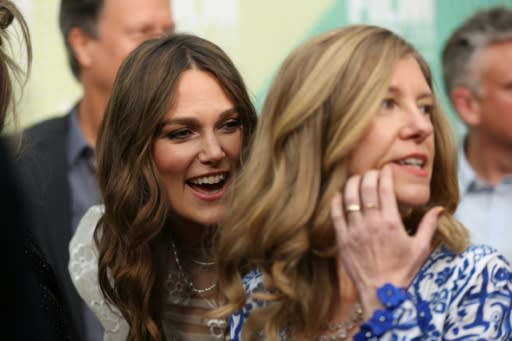 British actor Keira Knightley (L) and British translator Katharine Gun on the red carpet for the European premiere of the film "Official Secrets" in London