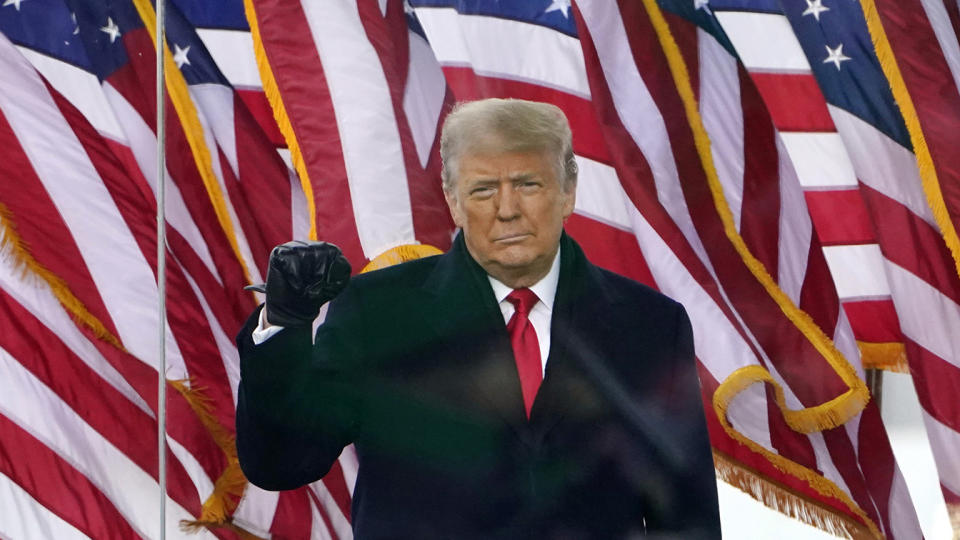 Then-President Donald Trump gestures as he arrives to speak at a rally in Washington, on Jan. 6, 2021.  (Jacquelyn Martin/AP)