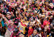 <p>Children cheer as they celebrate Janmashtami festival, marking the birth anniversary of Hindu Lord Krishna, at a school in Ahmedabad, India Aug. 25, 2016. (Photo: Amit Dave/Reuters) </p>