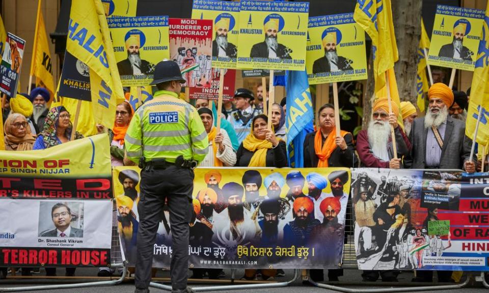 A protest by Sikh activists outside the Indian high commission in central London