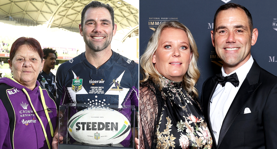 Cameron Smith paid a beautiful tribute to his late mother Sonia (left) after being inducted into the NRL Hall of Fame. Pic: Getty