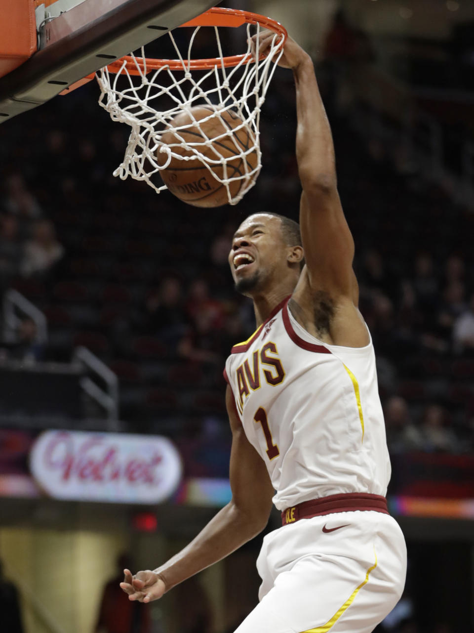 Cleveland Cavaliers' Rodney Hood dunks the ball against the Atlanta Hawks in the first half of an NBA basketball game, Tuesday, Oct. 30, 2018, in Cleveland. (AP Photo/Tony Dejak)