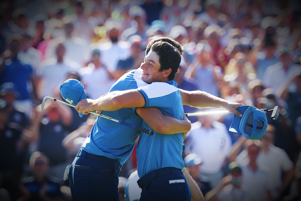 Ludvig Aberg and Viktor Hovland embrace after winning their Ryder Cup foursomes match (Getty Images)