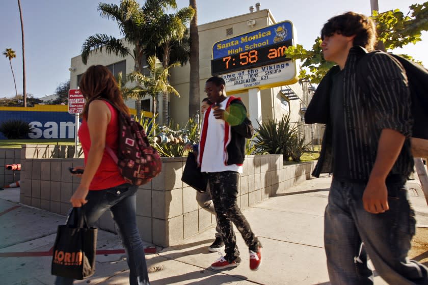 Students arrive for a summer school session at Santa Monica High School in 2011.