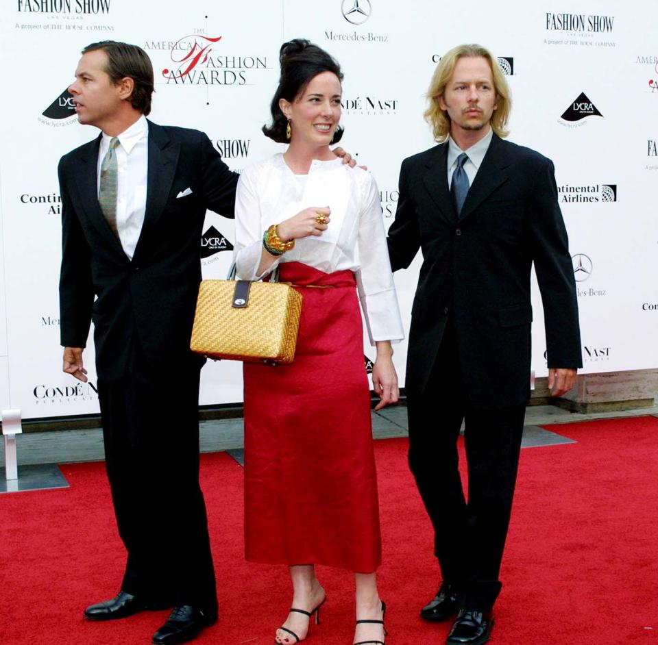 Kate Spade with her husband, Andy, left, and David Spade, right, attend the American Fashion Awards in 2001 in New York City. (Photo: Diane Cohen/Getty Images)