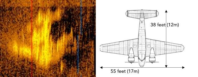 A sonar image of an object underwater is displayed next to a diagram of Amelia Earhart's missing plane.