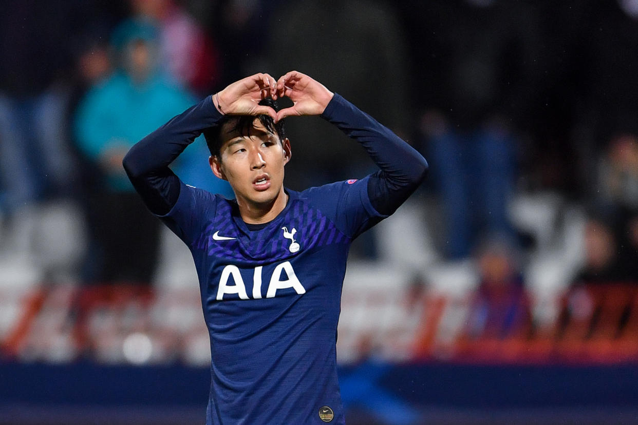 Tottenham Hotspur's South Korean striker Son Heung-Min celebrates after scoring his team's second goal during the UEFA Champions League Group B football match between Red Star Belgrade (Crvena Zvezda) and Tottenham Hotspur at the Rajko Mitic stadium in Belgrade, on November 6, 2019. (Photo by ANDREJ ISAKOVIC / AFP) (Photo by ANDREJ ISAKOVIC/AFP via Getty Images)