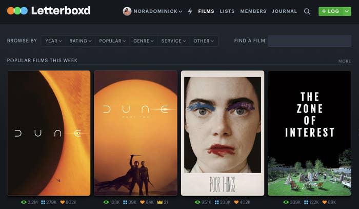 Website screenshot showing popular films this week: "Dune," "Poor Things," and "The Zone of Interest"