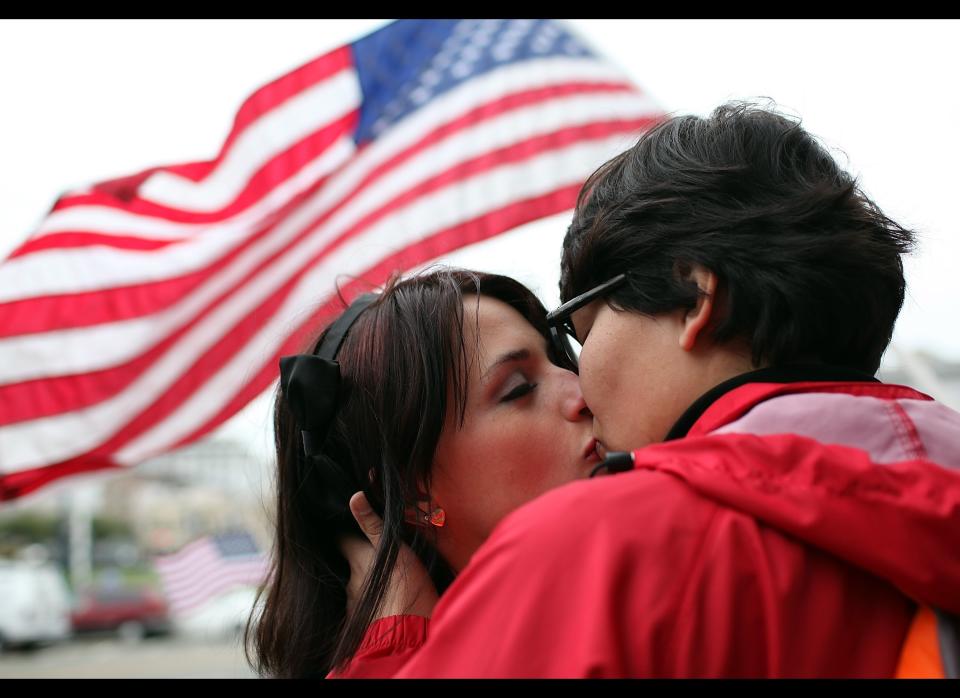 Breana Hansen (L) and Monica Chacon kiss as they celebrate outside of San Francisco City Hall on Feb. 7, 2012 in San Francisco after a three-judge panel of the 9th U.S. Circuit Court of Appeals ruled that the voter-approved Proposition 8 measure violates the civil rights of gay men and lesbians.  