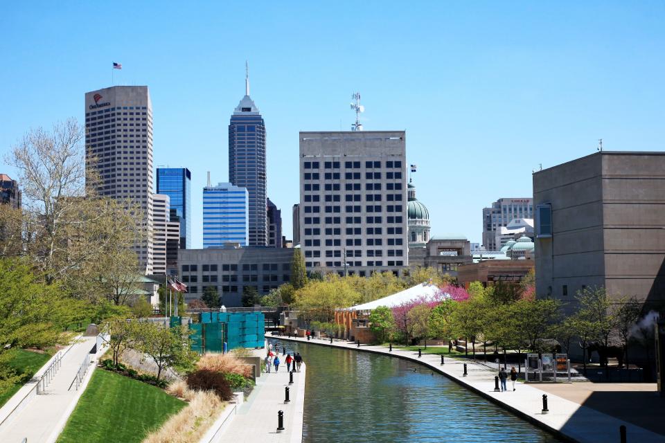 The Canal Walk and skyline of downtown Indianapolis, Indiana