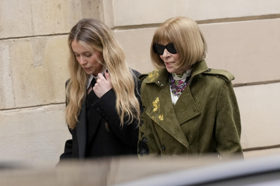 Anna Wintour, right, arrives for the Valentino Fall/Winter 2024-2025 ready-to-wear collection presented Sunday, March 3, 2024 in Paris. (Photo by Scott A Garfitt/Invision/AP)