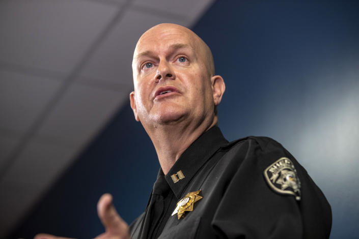 Capt. Jay Baker of the Cherokee County Sheriff&#39;s Office during a press conference at the Atlanta Police Department Headquarters on March 17. (Alyssa Pointer/Atlanta Journal-Constitution via AP)