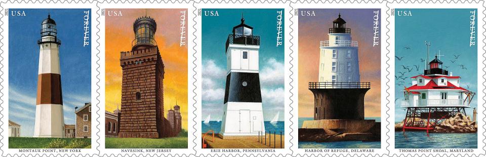 The North Pier Light, center, was one of five Mid-Atlantic lighthouses featured in the seventh iteration of the U.S. Postal Service's Lighthouses Forever Stamp series. The stamps were issued on Aug. 6, 2021.