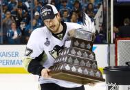 Pittsburgh Penguins center Sidney Crosby (87) with the Conn Smythe Trophy after defeating the San Jose Sharks in game six of the 2016 Stanley Cup Final at SAP Center at San Jose. Bruce Bennett/Pool Photo via USA TODAY Sports