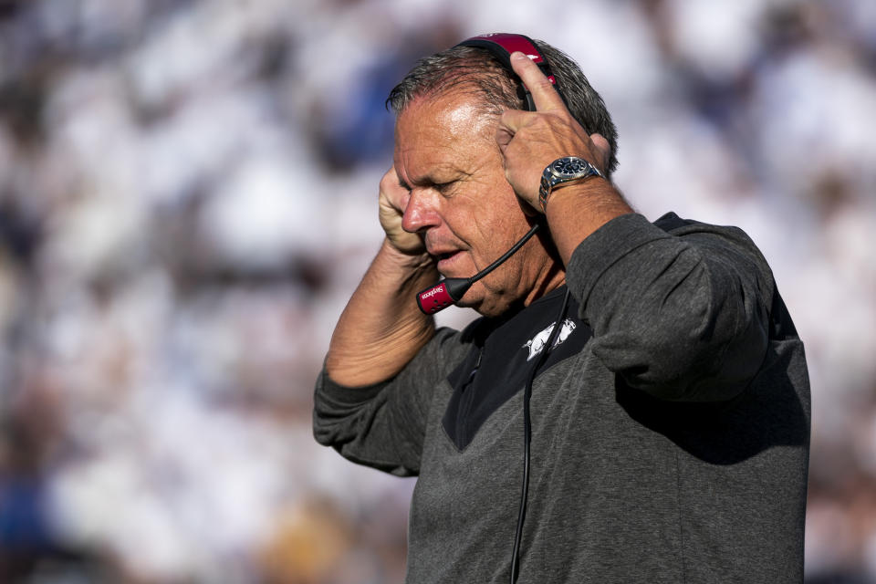 Sam Pittman on the sidelines during Arkansas’ 52-35 win over BYU during the 2022 season. (Photo by Gabriel Mayberry-USA TODAY Sports)