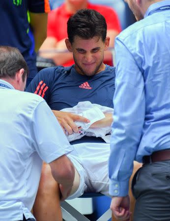 5, 2016; New York, NY, USA; Dominic Thiem of Austria gets medical attention while playing Juan Martin del Potro of Argentina on day eight of the 2016 U.S. Open tennis tournament at USTA Billie Jean King National Tennis Center. Mandatory Credit: Robert Deutsch-USA TODAY Sports